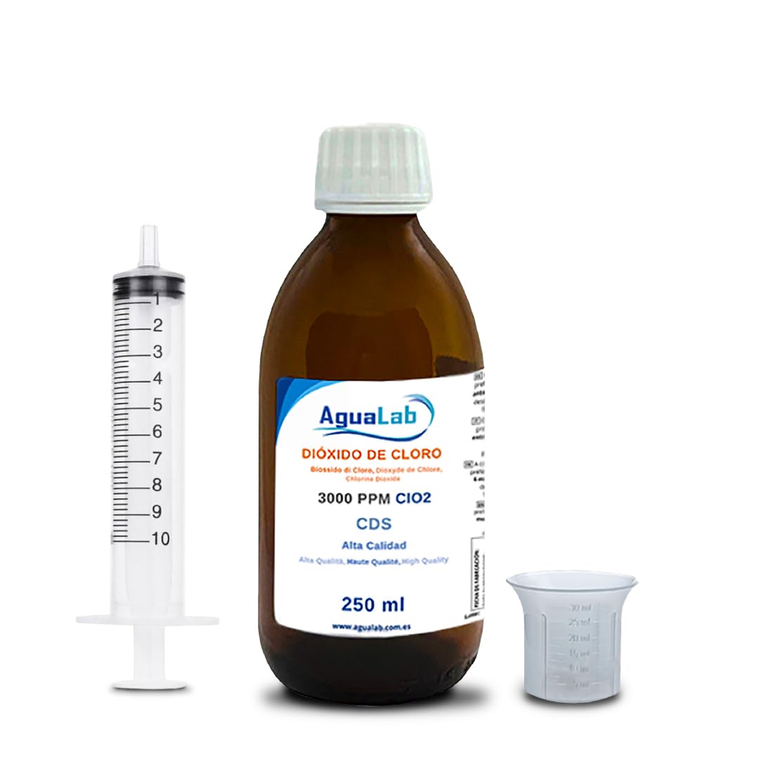Dióxido de Cloro Agualab 250ml Vidrio 3000 PPM - PH Neutro con agua ultra pura. Fabricado en laboratorio español registrado. Ahora Jeringa Gratis - R.O.E.S.B.A. 24-20/40/90-12176